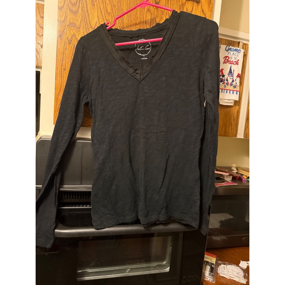 INC International Concepts Womens Black Slub Knit V-Neck Long Sleeve Top Large